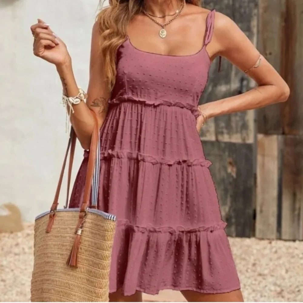 Boho dusty pink Swiss dot frill trim cami mini dress